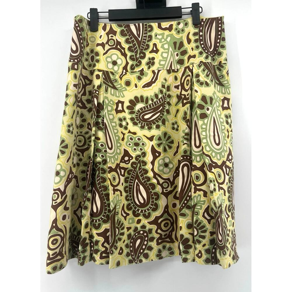 J McLaughlin Silk Wool Blend Paisley Print Midi Skirt Size 12 Chartreuse